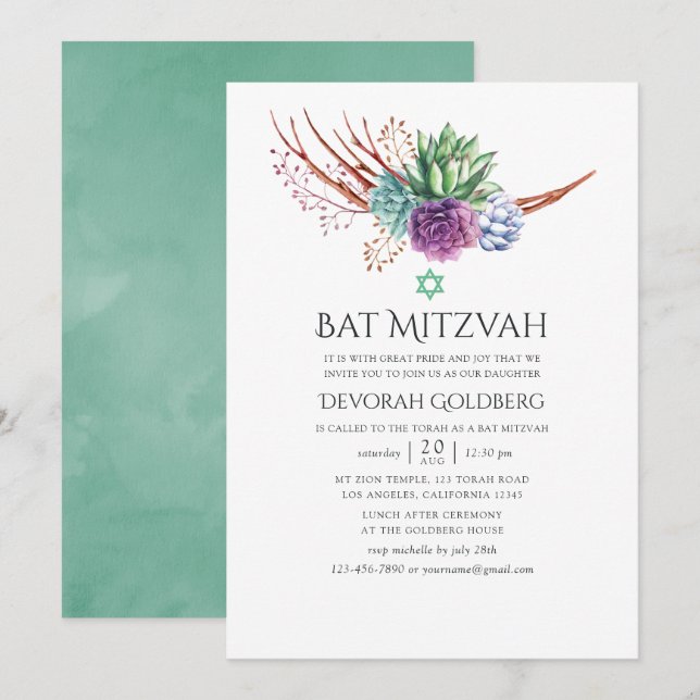 Watercolor Desert Succulents Bat Mitzvah Invitation (Front/Back)