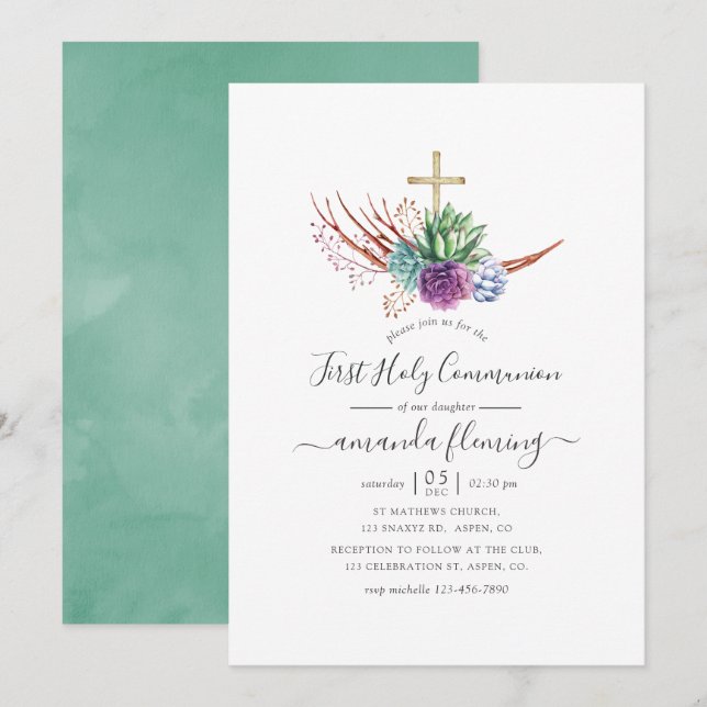 Watercolor Desert Succulents First Holy Communion Invitation (Front/Back)