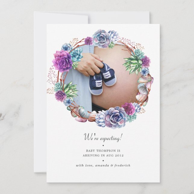 Watercolor Desert Succulents Photo Pregnancy Announcement (Front)