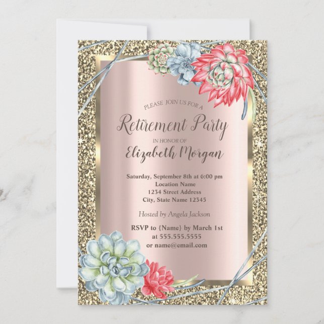 Watercolor Desert Succulents  Rose Gold Retirement Invitation (Front)