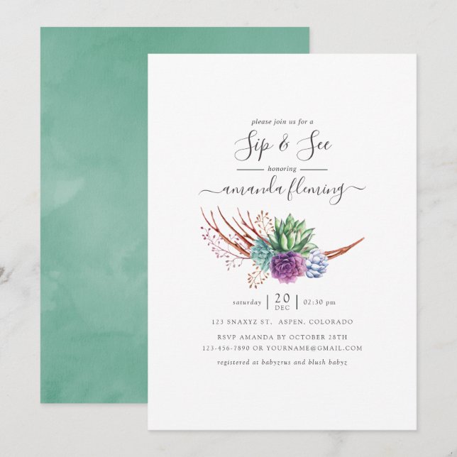 Watercolor Desert Succulents Sip and See Invitation (Front/Back)