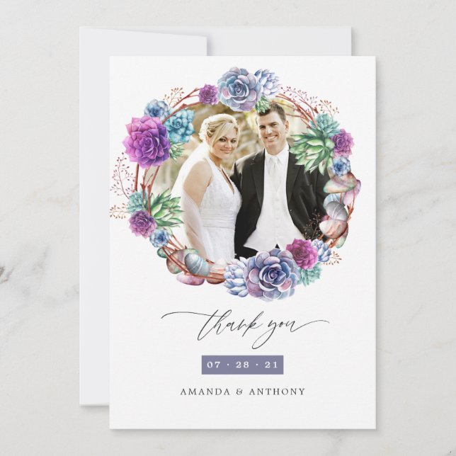 Watercolor Desert Succulents Wedding Photo Collage Thank You Card (Front)