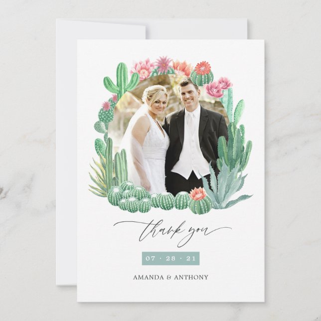 Watercolor Desert Succulents Wedding Photo Thank You Card (Front)