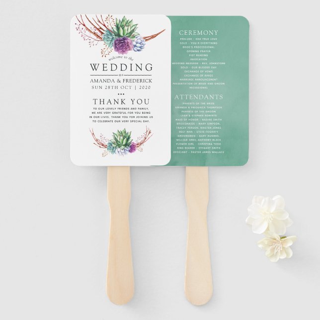 Watercolor Desert Succulents Wedding Program Hand Fan (Front and Back)