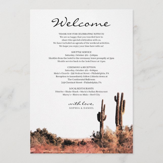 Watercolor Desert Wedding Welcome Itinerary Program (Front)