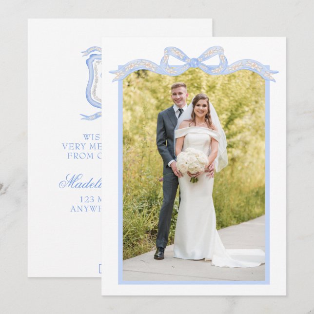 Watercolor Designer Blue Monogram Christmas Photo Holiday Card (Front/Back)