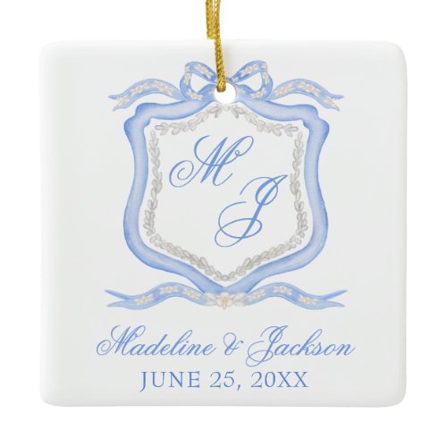 Watercolor Designer Blue Monogram Crest Ceramic Ornament