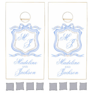 Watercolor Designer Blue Monogram Crest Cornhole Set