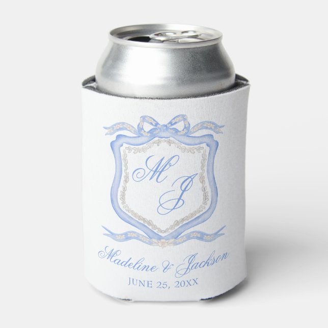 Watercolor Designer Blue Monogram Crest Favor Can Cooler (Can Front)