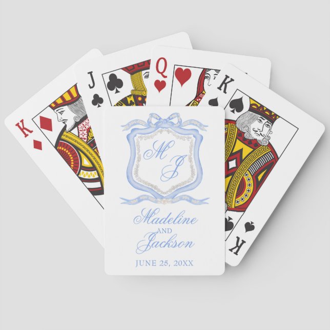 Watercolor Designer Blue Monogram Crest Favor Poker Cards (Back)