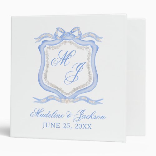 Watercolor Designer Blue Monogram Crest Wedding 3 Ring Binder