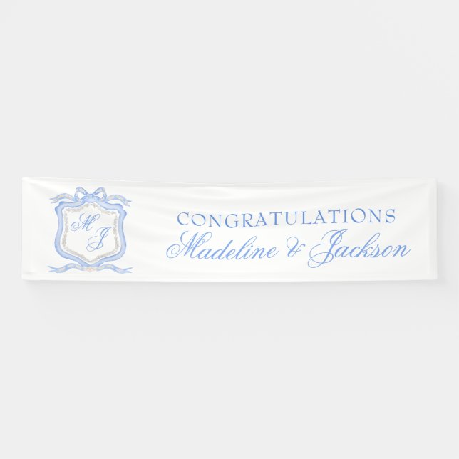 Watercolor Designer Blue Monogram Crest Wedding Banner (Horizontal)
