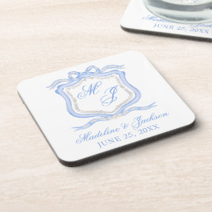 Watercolor Designer Blue Monogram Crest Wedding Beverage Coaster