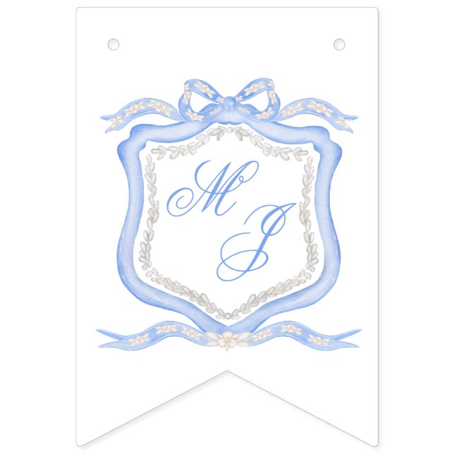 Watercolor Designer Blue Monogram Crest Wedding Bunting Flags (First Flag)