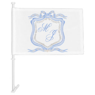 Watercolor Designer Blue Monogram Crest Wedding Car Flag