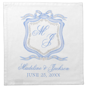 Watercolor Designer Blue Monogram Crest Wedding Cloth Napkin