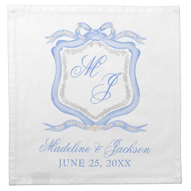 Watercolor Designer Blue Monogram Crest Wedding Cloth Napkin (Front)