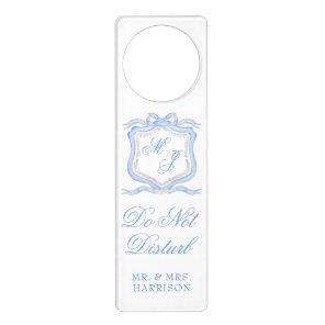 Watercolor Designer Blue Monogram Crest Wedding Door Hanger