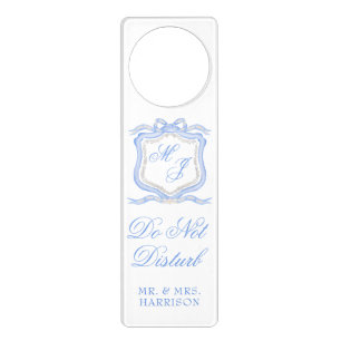 Watercolor Designer Blue Monogram Crest Wedding Door Hanger