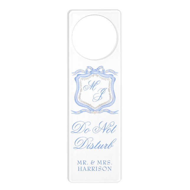 Watercolor Designer Blue Monogram Crest Wedding Door Hanger (Front)