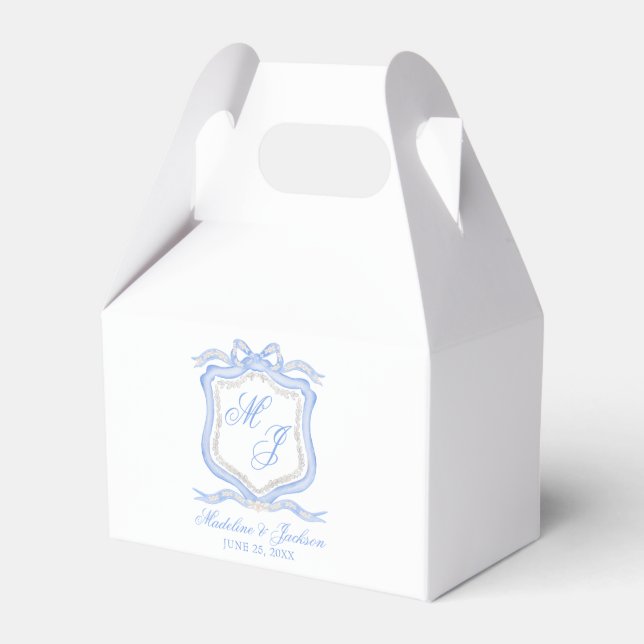Watercolor Designer Blue Monogram Crest Wedding Favor Boxes (Front Side)