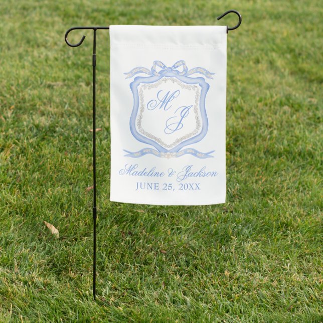 Watercolor Designer Blue Monogram Crest Wedding Garden Flag (In SItu)