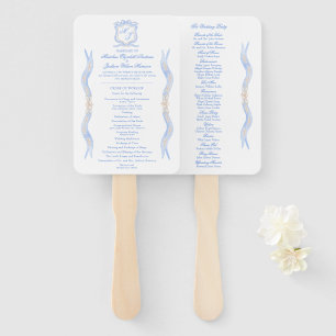 Watercolor Designer Blue Monogram Crest Wedding Hand Fan