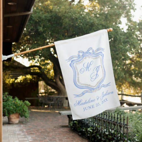 Watercolor Designer Blue Monogram Crest Wedding House Flag