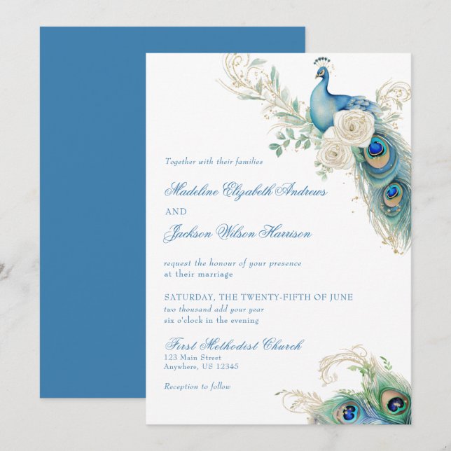 Watercolor Designer Blue Monogram Crest Wedding Invitation (Front/Back)