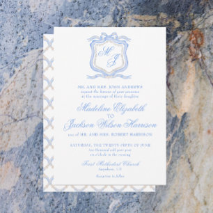 Watercolor Designer Blue Monogram Crest Wedding Invitation