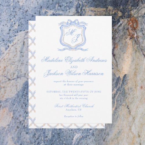 Watercolor Designer Blue Monogram Crest Wedding Invitation