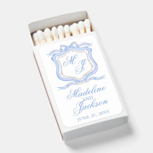 Watercolor Designer Blue Monogram Crest Wedding Matchboxes