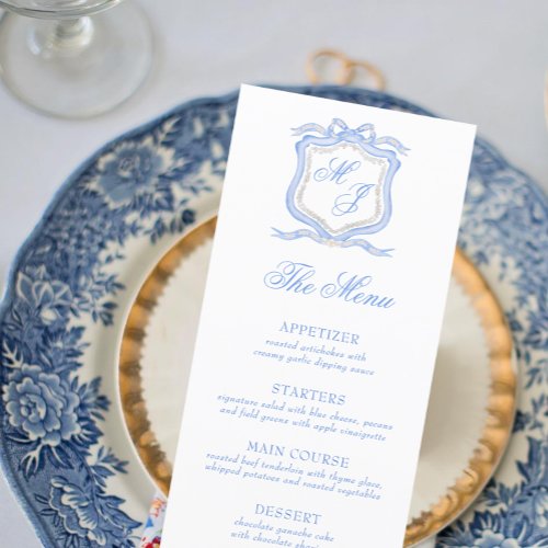 Watercolor Designer Blue Monogram Crest Wedding Menu