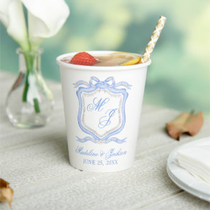 Watercolor Designer Blue Monogram Crest Wedding Paper Cups