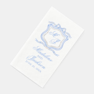 Watercolor Designer Blue Monogram Crest Wedding Paper Guest Towels
