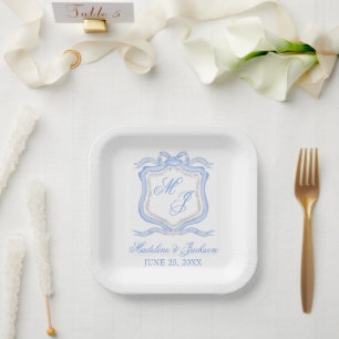 Watercolor Designer Blue Monogram Crest Wedding Paper Plates