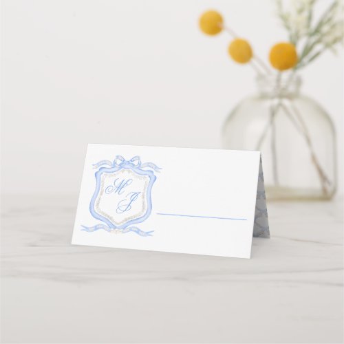 Watercolor Designer Blue Monogram Crest Wedding Place Card