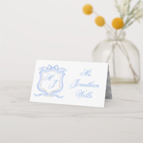 Watercolor Designer Blue Monogram Crest Wedding Place Card