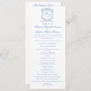 Watercolor Designer Blue Monogram Crest Wedding Program