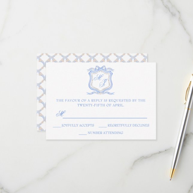 Watercolor Designer Blue Monogram Crest Wedding RSVP Card (Front/Back In Situ)