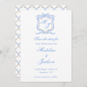 Watercolor Designer Blue Monogram Crest Wedding Save The Date