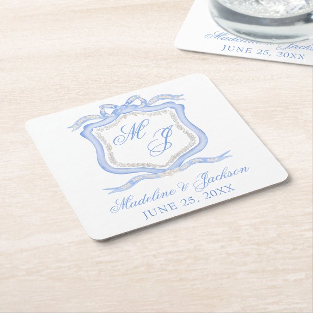Watercolor Designer Blue Monogram Crest Wedding Square Paper Coaster (Angled)