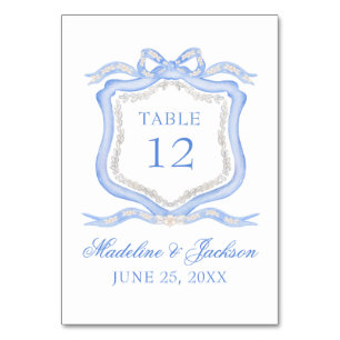 Watercolor Designer Blue Monogram Crest Wedding Table Number
