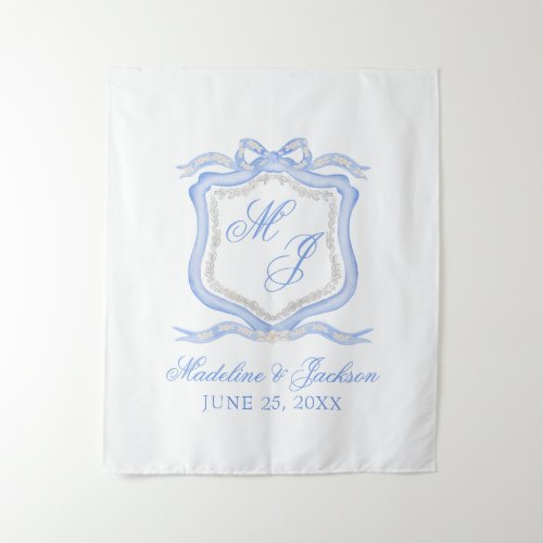 Watercolor Designer Blue Monogram Crest Wedding Tapestry