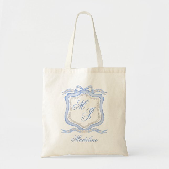 Watercolor Designer Blue Monogram Crest Wedding Tote Bag (Front)