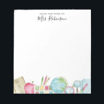 Watercolor Desk of Teacher Back to School Supplies Notepad<br><div class="desc">Watercolor School Supplies Pencil Globe Apple Note From Teacher Back to School Notepad</div>
