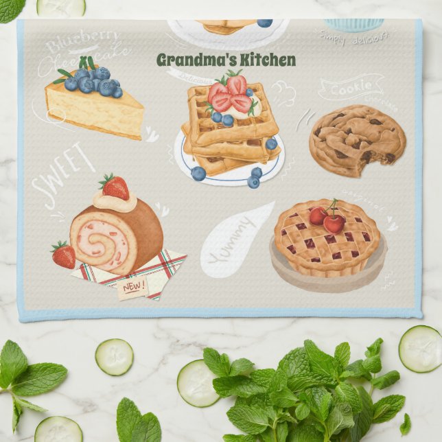 Watercolor Dessert Cake Cookie Pie Grandma's  Kitchen Towel (Folded)