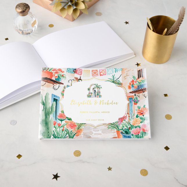Watercolor Destination | Mexico Villa Wedding Foil Guest Book (Front Open)