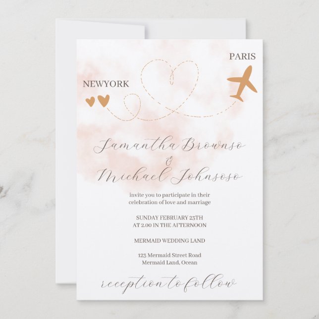 Watercolor Destination plane flight abroad wedding Invitation (Front)