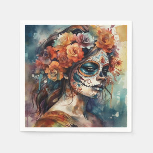 Watercolor Día de los Muertos Catrina Portrait Napkins